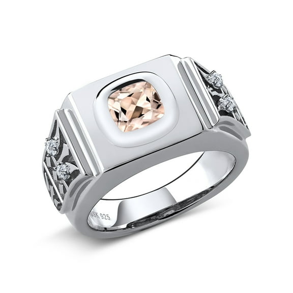 Gem Stone King 925 Sterling Silver Men's Ring Cushion Peach Morganite and Moissanite (1.91 Cttw, Size 12)