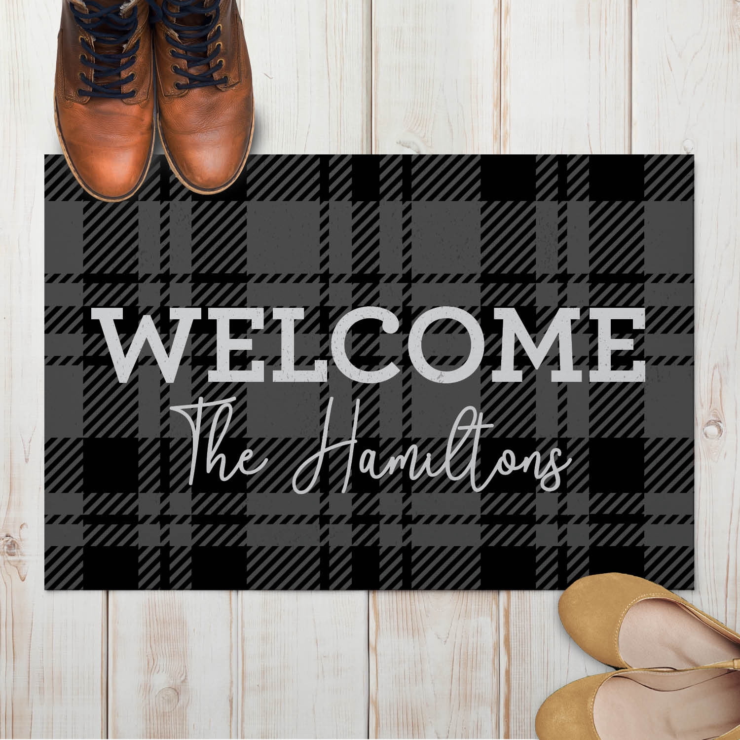 Personalized Planet 27x18 Black and Gray Plaid Welcome Doormat with Custom Family Name Printed on Rectangular 1/4” Thick Non Slip Mat for Kitchen Hallway Deck or Porch