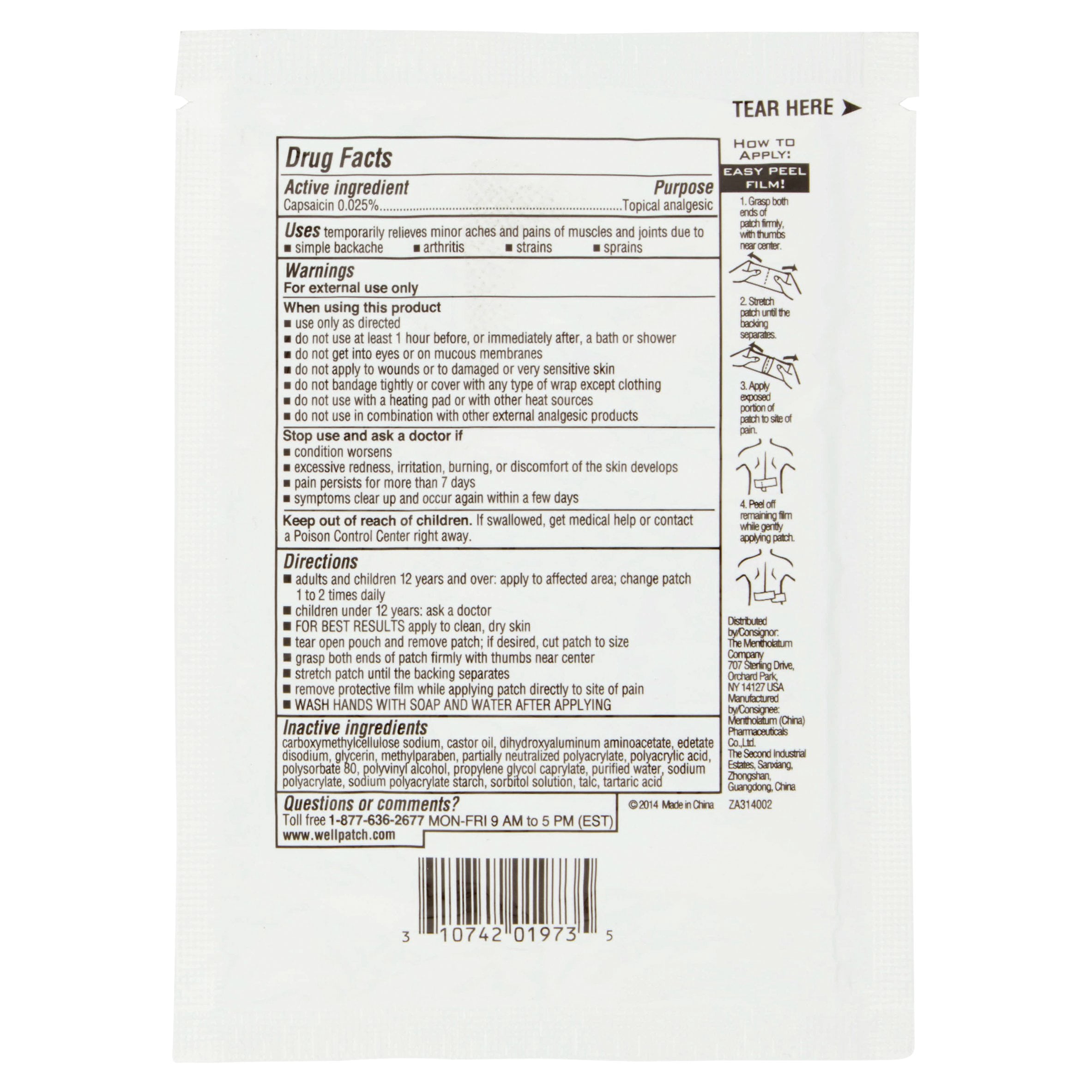 Well Patch For Muscle & Joint Pain Topical Analgesic W/0.025% Capsaicin Pain Relief Pad, 1 Large Pad
