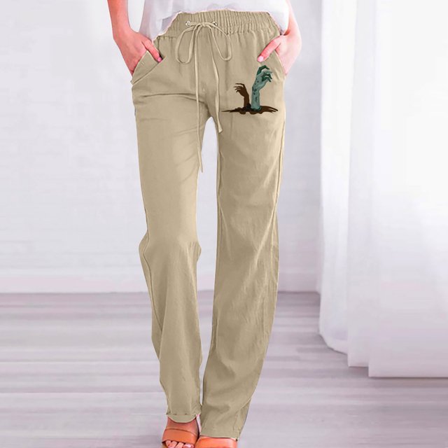 ICHUANYI Liquidación Moda Mujer Halloween Casual Color Sólido Fantasma Estampado De Mano Suelto Recto Pantalones De Pierna Ancha Pantalones ICHUANYI WER202308245994