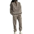 thumbnail image 3 of CFLVAEK 2 Piece Sweatsuits Women Half Zip Lapel Sweatshirts High Waist Sweatpants Outfits Solid Color Tracksuits 2025 Trendy Fall Clothes Khaki M, 3 of 7