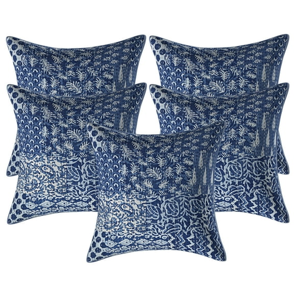 Stylo Culture Indian Sofa Throw Pillow Covers 18 x 18 Kantha Patchwork Indigo Blue White Traditional 45cm x 45cm Home Decor Cotton Patchwork Square Cushion Covers | Set Of 5