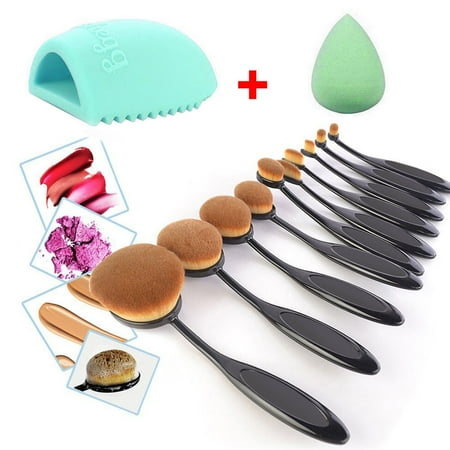 Tooth Mate - 10Pcs Professional Makeup Brushes Set Oval Cream Puff Toothbrush Brush Black