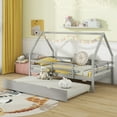 thumbnail image 1 of Gymax Twin Size House Bed w/ Trundle Wooden Kids Bed w/ Safety Rails & Decorable Roof Gray, 1 of 10