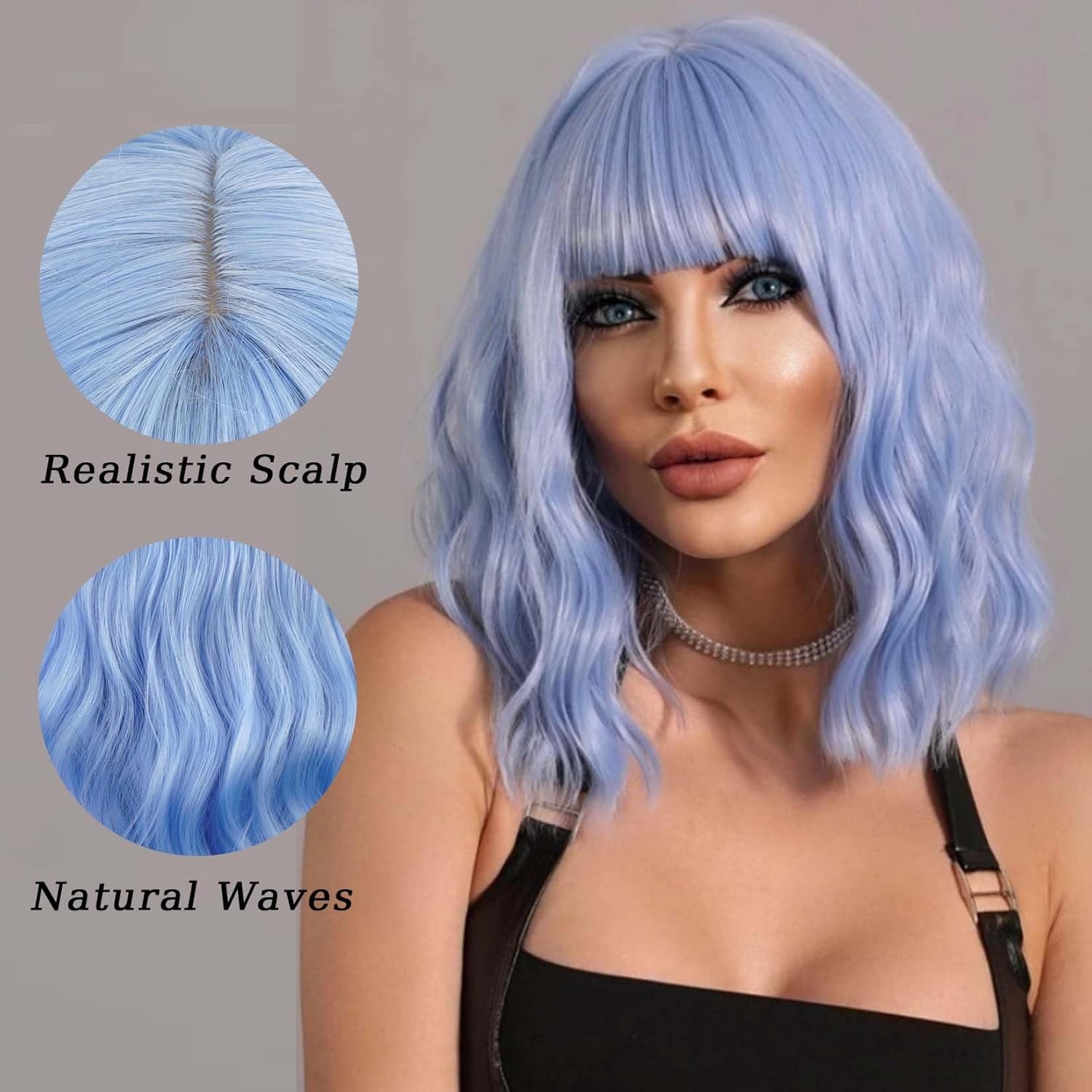 SUCS Black Wavy Wig with Bangs Soft Short Bob Wigs for Women Synthetic Shoulder Length Women's Curly Wigs