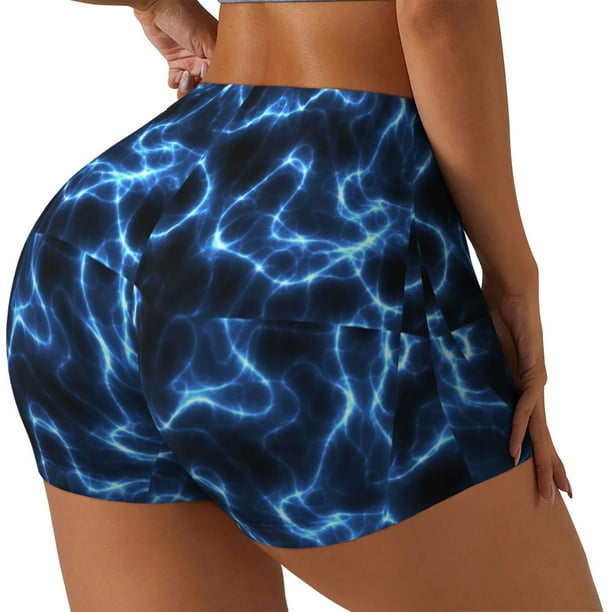 Fotbe Blue Lightning Shorts Sin Costuras – Shorts Deportivos de Cintura Alta para Mujer, Elásticos para Gimnasio, Yoga, Running o Ciclismo-Large