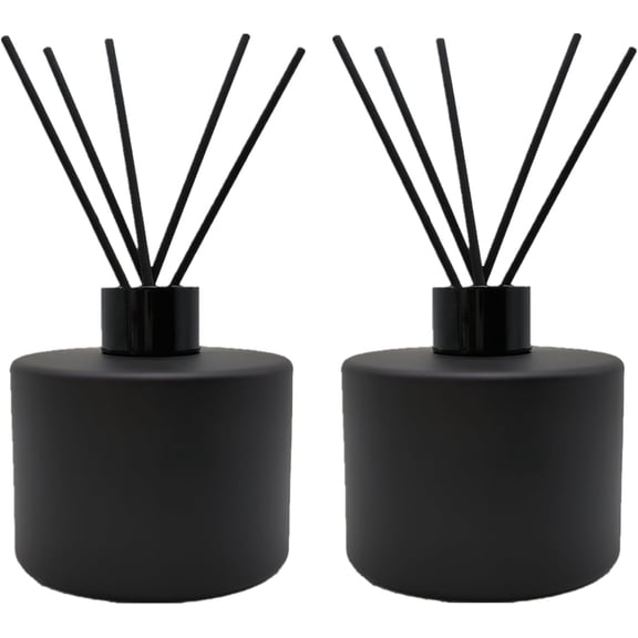 2PCS Glass Diffuser Bottles 200ml/6.7oz Essential Oil Jar Empty Perfume Container with Black Aromatherapy Sticks Use for DIY Replacement Reed Diffuser (Round Matte Black)