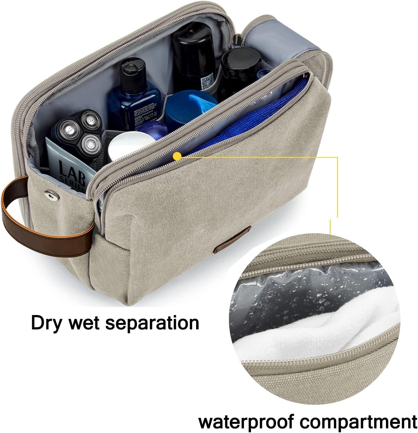 Toiletry Bag for Men, Canvas Travel Toiletry Organizer Dopp Kit Water-resistant Shaving Bag for Toiletries Accessories,Grey-Medium