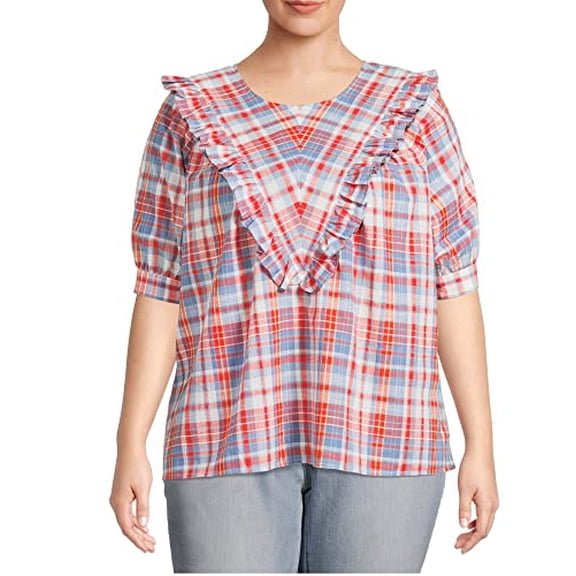 Womens Ruffle Yoke Woven Blouse (Red/Blue Plaid, 2X (20W-22W))