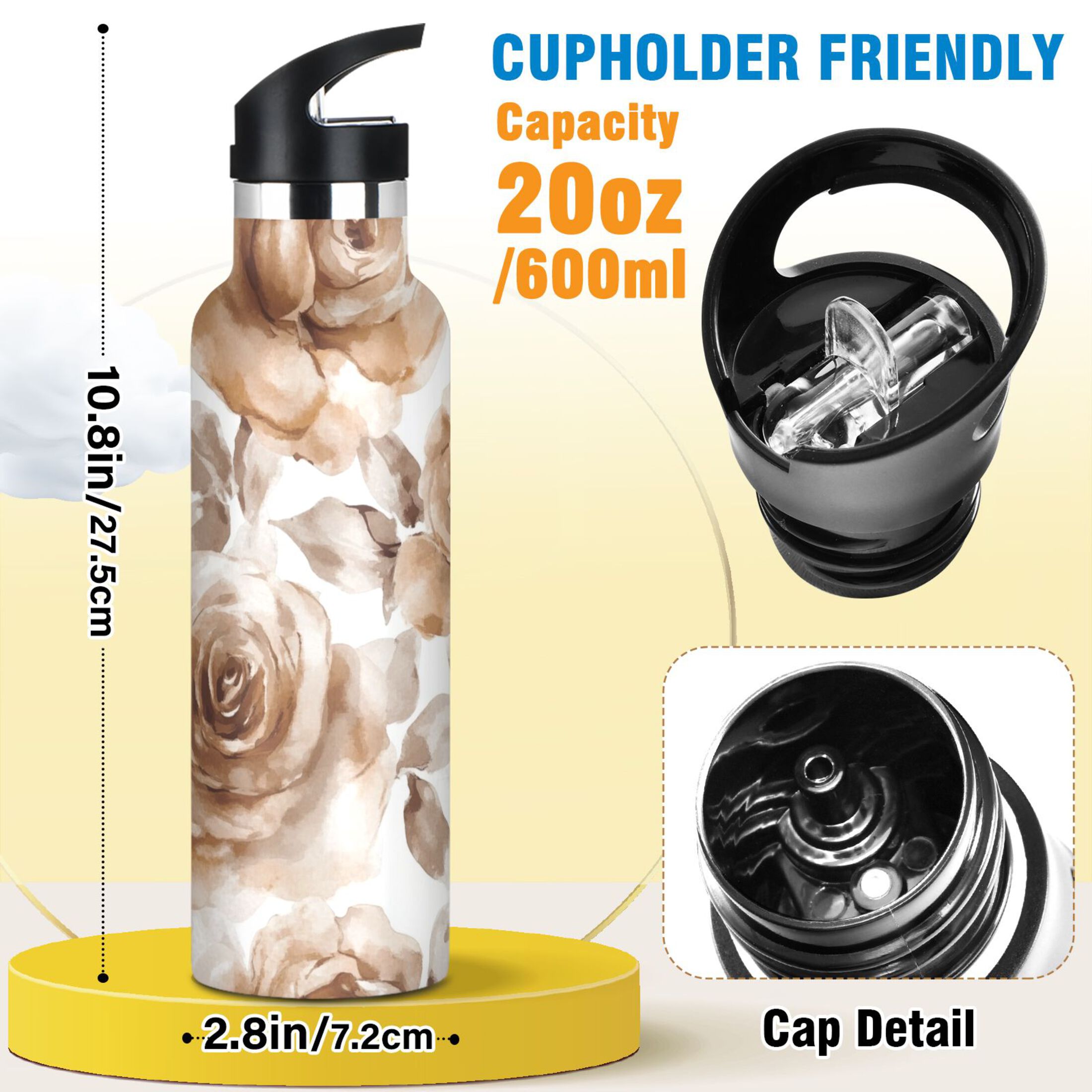 600ML Stainless Steel Insulated Cup Sports Water Bottle Portable Thermos Cup Water Glasses Insulated Tumblers Convenient and Durable Cartoon Brown Roses Seamless