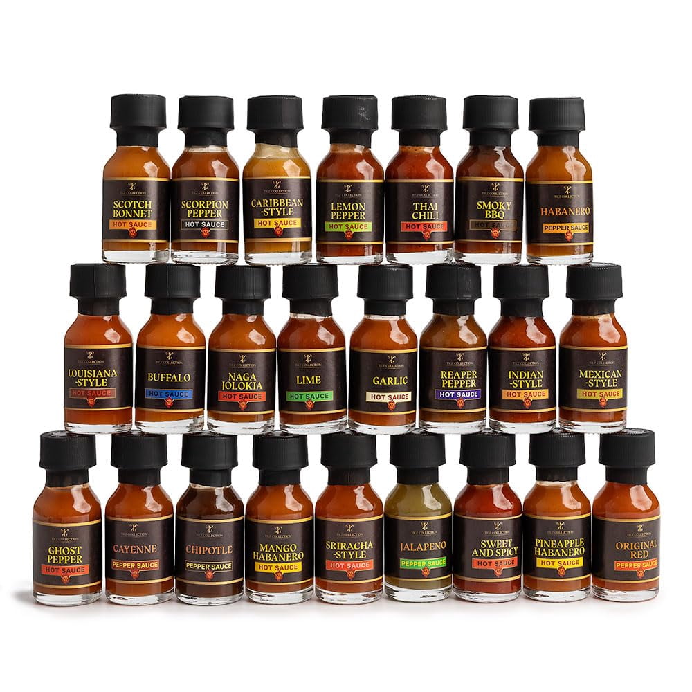 Tilz, Hot Sauce Gift Sets |24 Hot Sauce Bottles, Sampler, Chilli Sauce, Food Gifts For Men |Sriracha, Jalapenos, Garlic, Cayenne Pepper, ⁠Scotch Bonne, ⁠BBQ, Chipotle | Gifts for Men, Women