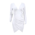 thumbnail image 6 of Ygbgbb Womens Cotton Fall Bodycon Dresses V Neck Long Sleeve Dresses Solid Color Pleated Waist Casual Midi Dresses White M, 6 of 8