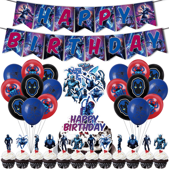 82PCS For Blue Beetle Theme Birthday Party Decorations,Party Supply Set for with 18 Balloons,1 Happy Birthday Banner Garland,50 Stickers,13 Cupcake Toppers