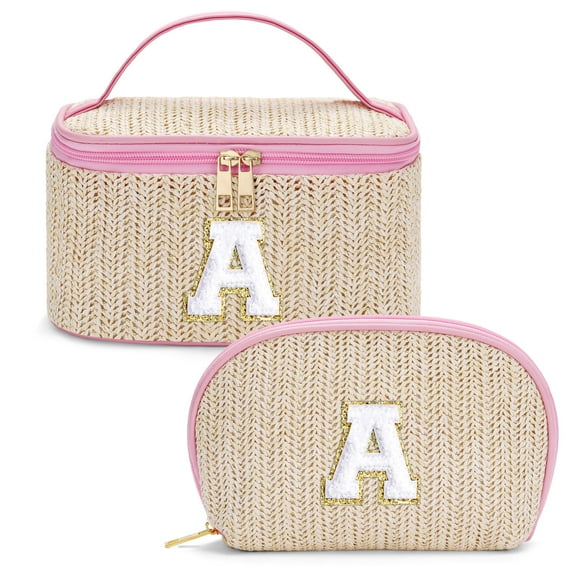 YOOLIFE Woven Makeup Bag Gifts for Women Initial Travel Pouch Checkered Make Up Bag Cosmetic Bag Personalized Birthday Summer Vacation Gifts for Women Her Friends