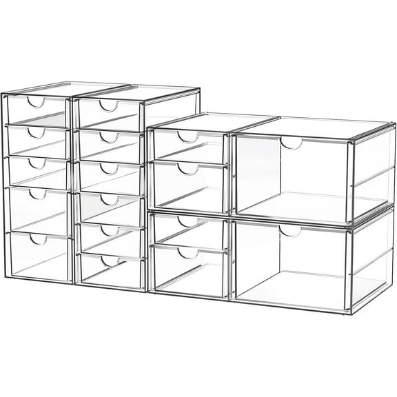 Acrylic Makeup Organizer with 17 Drawers, 4 Pack Clear Bathroom Counter Organizer for Palettes, Cosmetic, and Beauty Supplies,Ideal for Vanity, Cabinet,Desk Organization