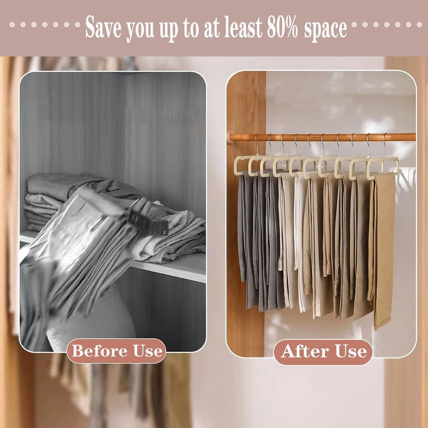 VelvetHangers, 20pcs Heavy Duty Flocked Pant Hanger with Non-SlipTrouserBar, 35cm(L) Adult Clothes Hangar with Swivel Hook, Slim Felt Perchas Terciopelo for Shorts, Dress, Scraf, Bar (Beige-Silver)
