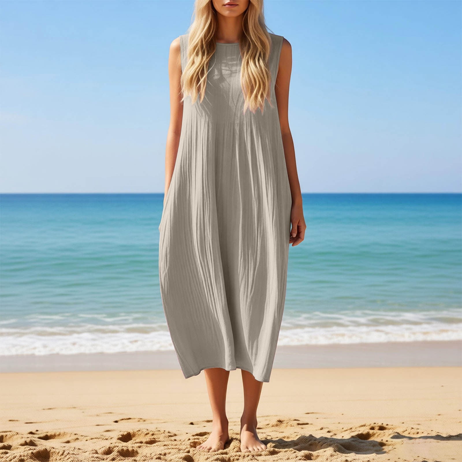 YANGXINX Womens Summer Dresses 2026 Linen Solid Color Sleeveless Round Neck Casual Shirts Dress with Pockets Comfortable Flowy Tunic Clothes