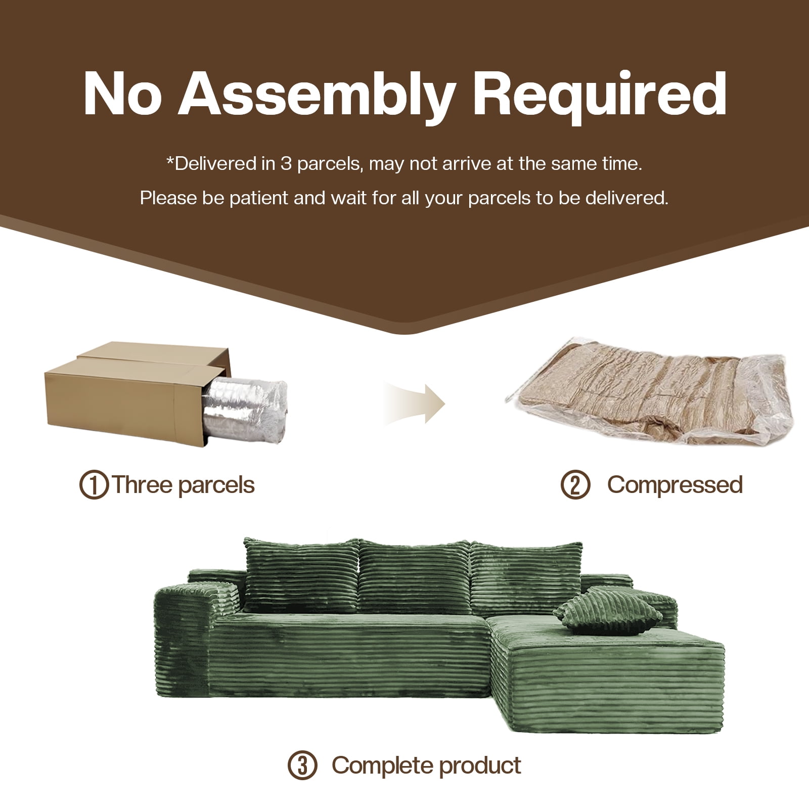 Kelyda 105" Modular L-Shaped Cloud Sofa, Plush Boneless Sectional with Deep Seats Chaise Corduroy Fabric Green