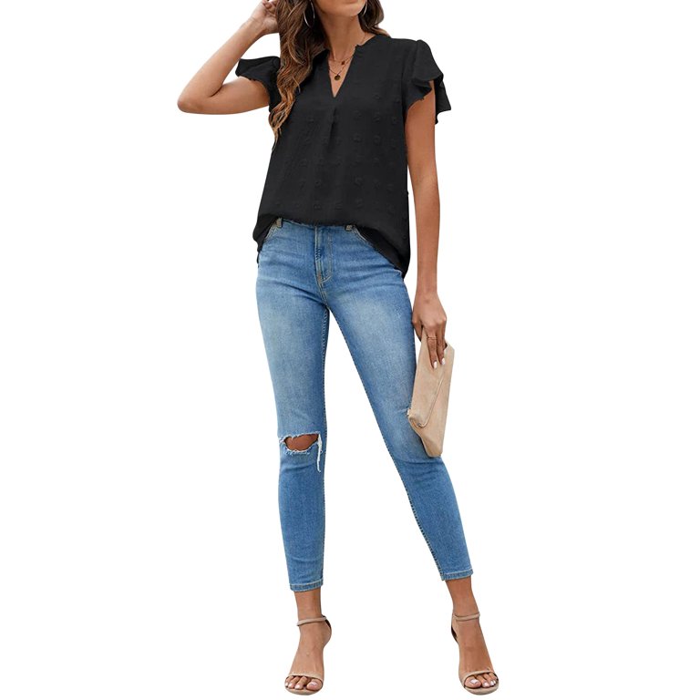 ZXSXSY Women Swiss Dot Ruffle Short Sleeve V Neck Solid ZXSXSY Women Swiss Dot Ruffle Short Sleeve V Neck Solid