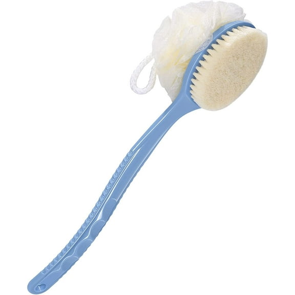 Shower Body Brush with Bristles and Loofah, Body Scrubber with Long Handle Back Scrubber for Shower Bath Sponge Shower Brush for Men and Women Massage Body Brush for Skin Exfoliating (Blue)