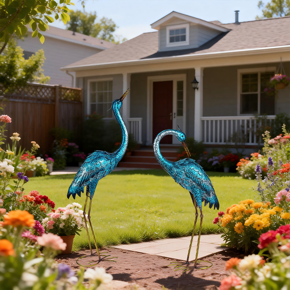 Metal Blue Crane Garden Statue, Standing Bird Heron Ornament Ideal for Outdoor Lawns & Courtyards, Indoor Home Decor, Christmas Gifts (Set of 2)