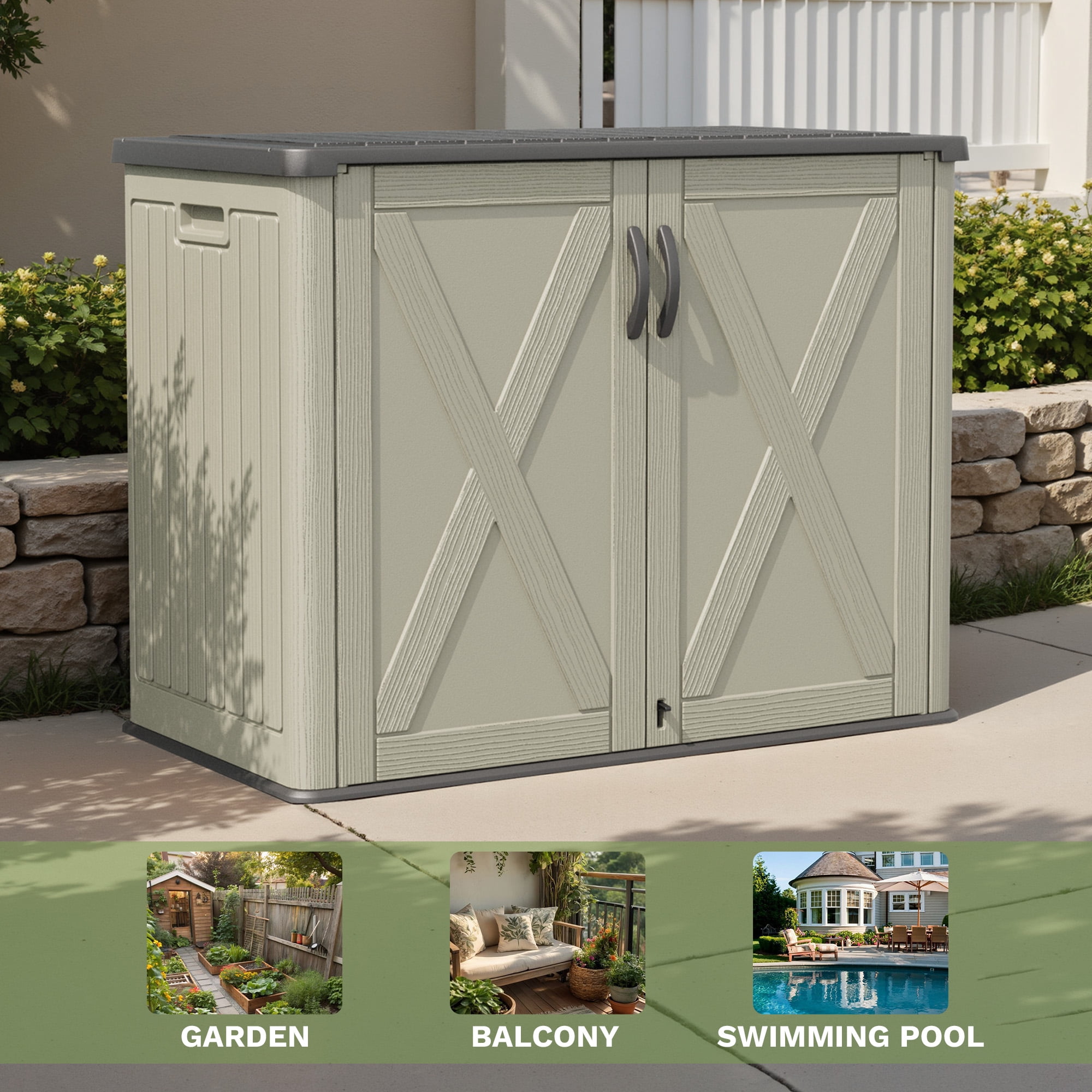 Patiowell 25 Cu.ft Outdoor Storage Shed with Floor, Horizontal Weatherproof Resin Cabinet for Patio, Garden Tools, Pool Supplies, Beige