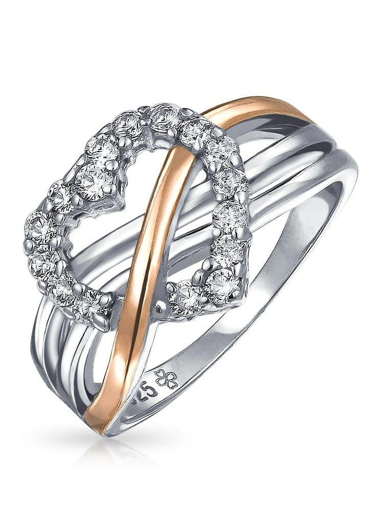 Two Tone Heart Shaped Curved Open CZ Engagement Promise Cubic Zirconia