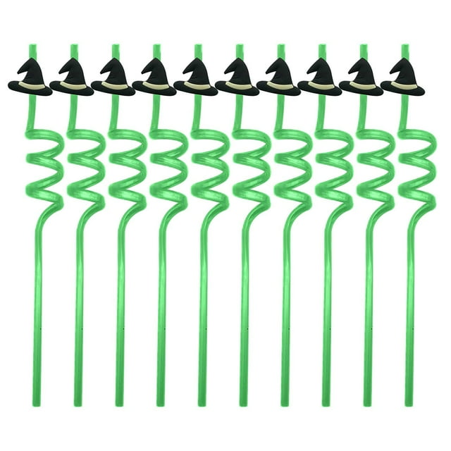 nuevas pajitas reutilizables para fiestas de cumpleaños infantiles y fiestas de halloween. Pajitas verdes multicolor con tramo en espiral y pequeño sombrero de bruja negro en la parte superior; vista frontal vertical sobre fondo blanco, apariencia plástica brillante, diseño festivo para decoración de Halloween y cumpleaños; a menudo usadas para bebidas temáticas en reuniones.