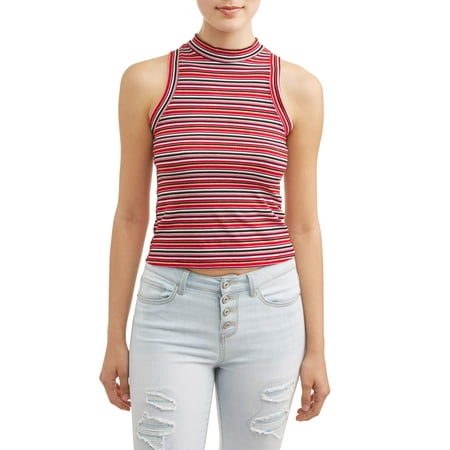 Striped Rib Knit Tanks - Juniors' Striped Rib Knit Mock Neck Tank
