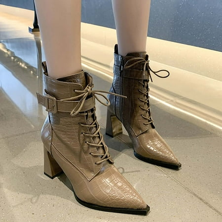 

Zunfeo Women Winter Boots- Fashion Warm High-Heels Solid Lace Up Desert Boots Pointy Toe Boots Christmas Gifts Clearance Khaki 4