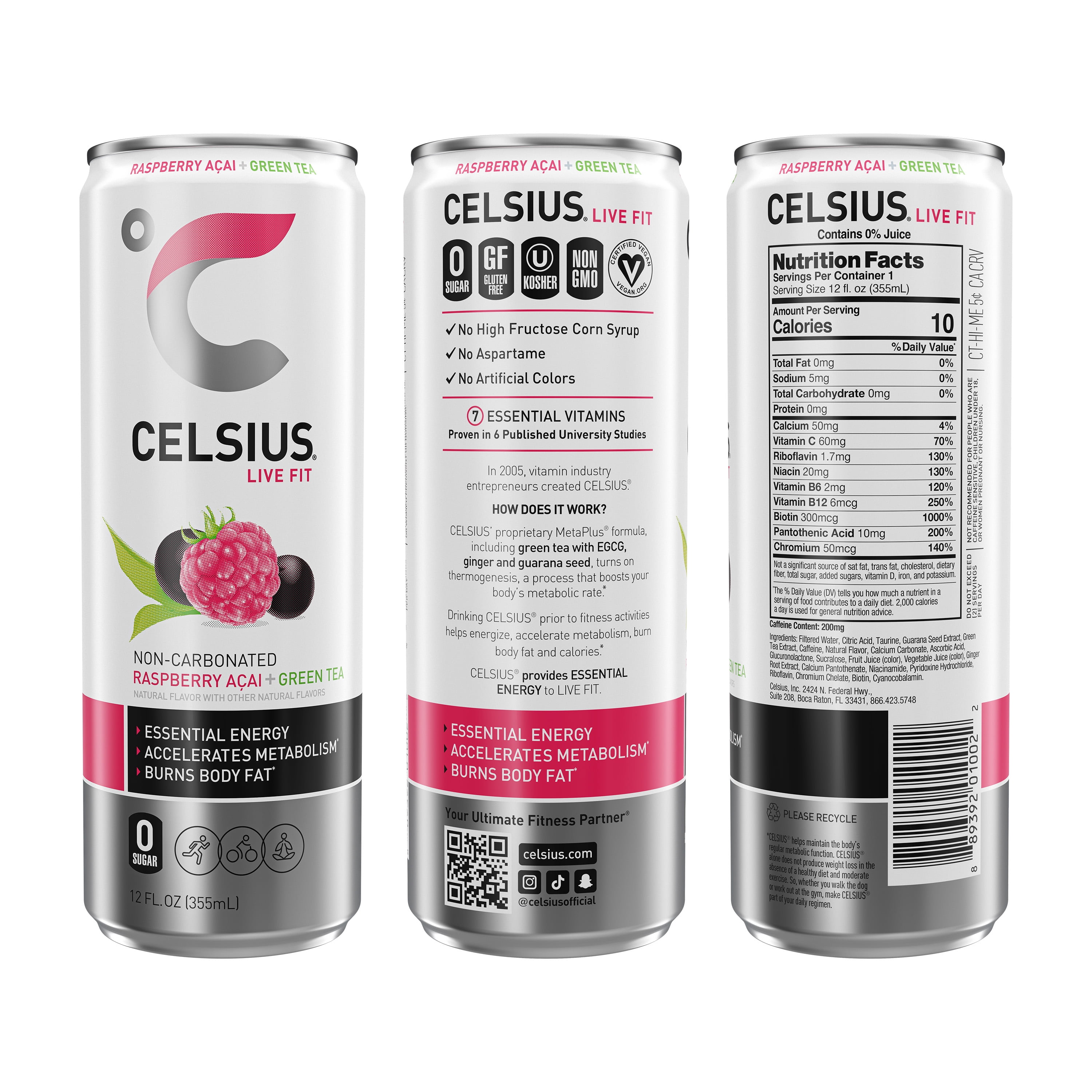 CELSIUS Raspberry Acai Green Tea, Functional Essential Energy Drink 12 fl oz (Pack of 12) Best