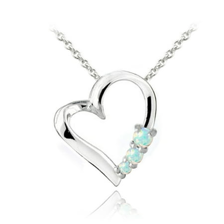 - Sterling Silver Created White Opal Three Stone Floating Heart Necklace