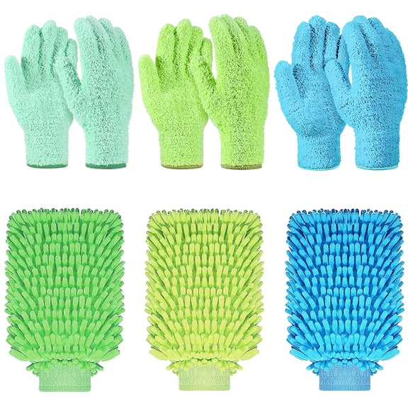 6 Pack Microfiber & Chenille Cleaning Gloves, Washable Reusable Dust Mitts