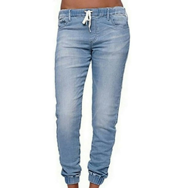 Jeans Womens Elastic Waist Pencil Stretch Denim Skinny Drawstring Jeans Pants Trousers Casual Drawstring Jeans