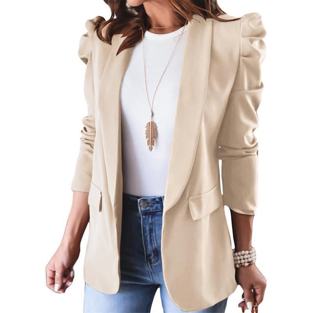 Chaquetas de traje de mujer con clase con manga larga 2 bolsillos abrigo delgado para mujer desgaste diario formal albaricoque