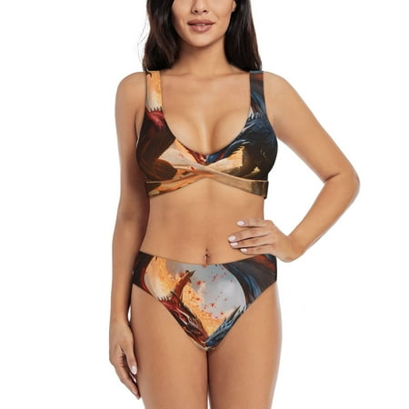 Zeuib Lava Dragon High Waisted Tummy Control Bikini Set - Knot Front Push Up Top & Cheeky Thong Bottom  Two-Piece Swimsuit for Women-Large