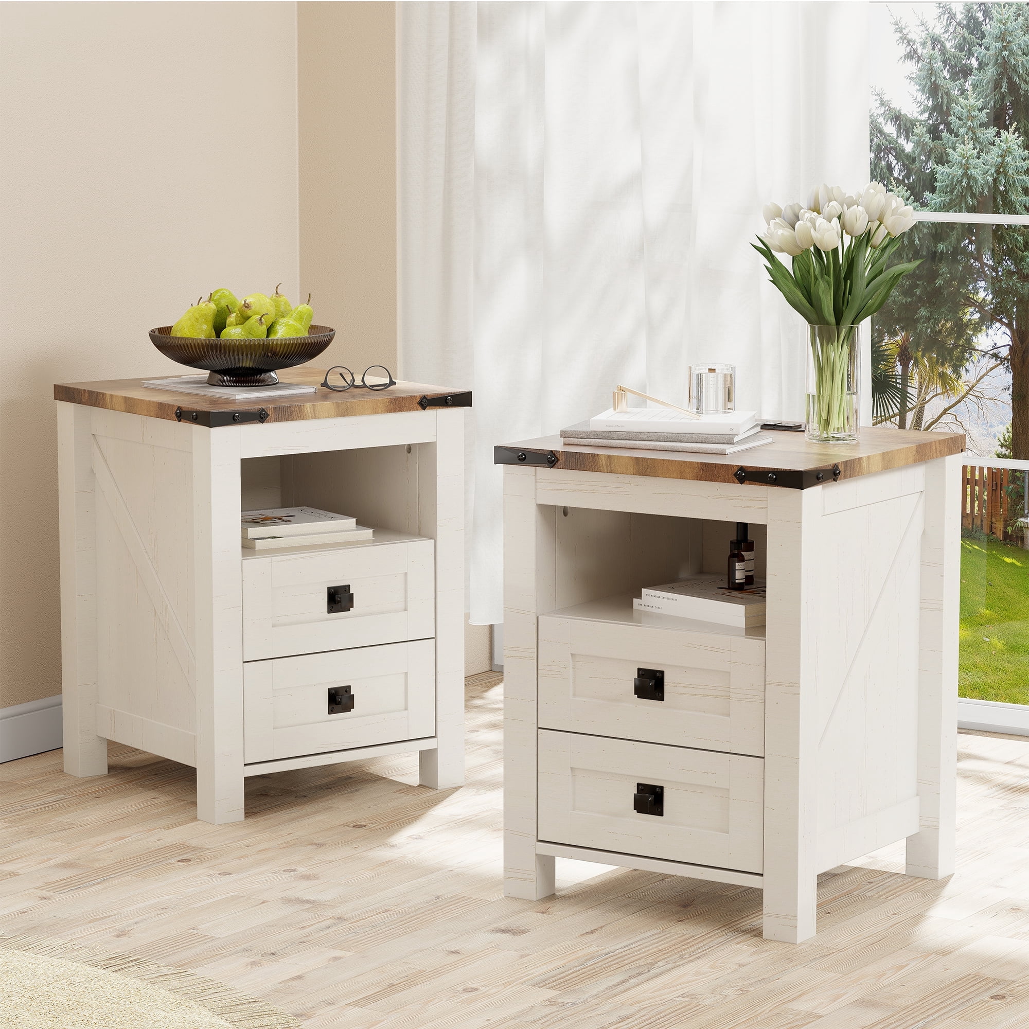 OKD Farmhouse Nightstand Set of 2 with Charging Station, 2-Drawer End Table, Antique White