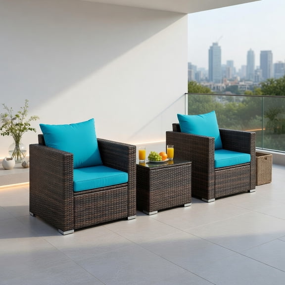 Kadyn 3-Piece Outdoor Rattan Patio Conversation Set with Turquoise Cushions – Steel Frame, Tempered Glass Coffee Table, Weather-Resistant Wicker Sofas for Deck, Garden & Poolside
