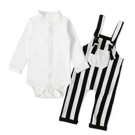 

Fesfesfes Newborn Kids Baby Jumpsuit Boys Romper Bodysuit Tops+Solid Suspender Pants Outfits Set Sale or Clearance