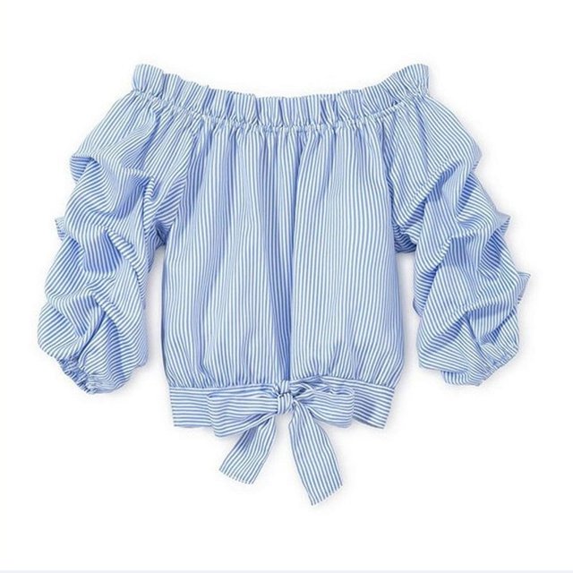 Baby Girls Long Sleeves Striped Ruffled Tops Off Shoulder Bow Tie Knot Blouse Tops Casual Clothes