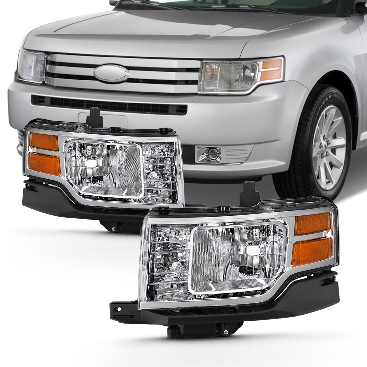 For 09-12 Ford Flex SE SEL [Halogen Type] Chrome Headlight w/ Amber Signal  Pair