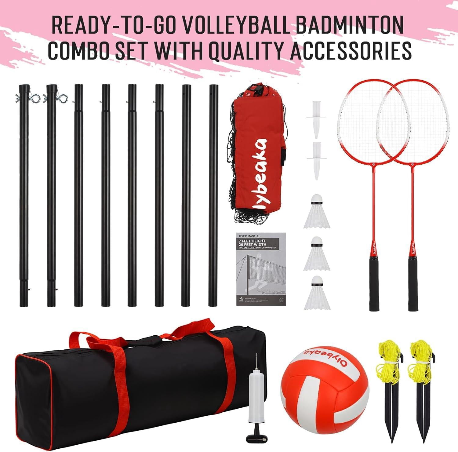 20ft Outdoor Volleyball & Badminton Combo Net Set For Backyard Beach With Adjustable Poles  Durable Anti-sag Pu 2 Aluminum Rackets