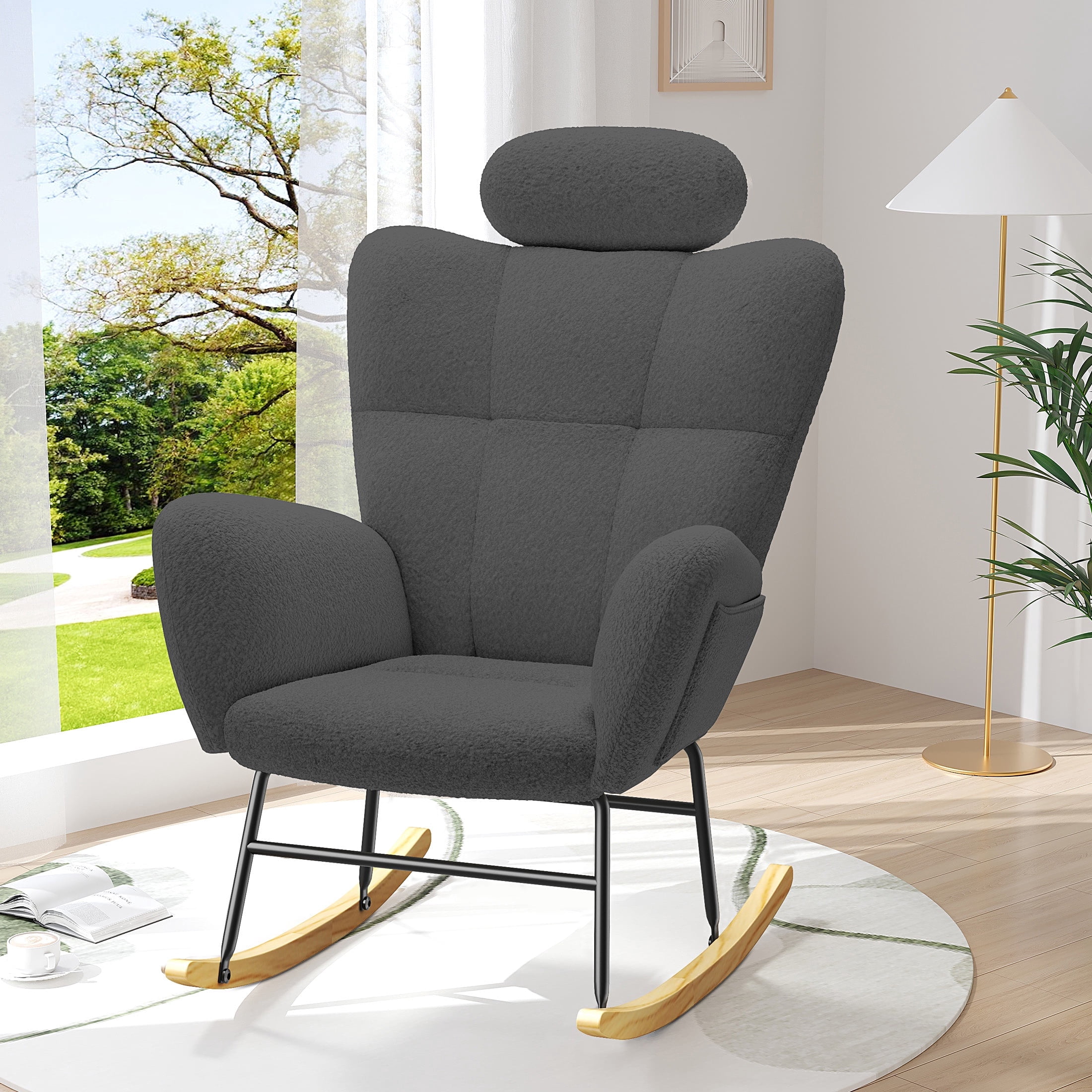 UHOMEPRO Modern Teddy Fabric Rocking Chair, Accent Rocker Chair with High Backrest, Accent Glider Rocker for Living Room Bedroom Playroom, Gray