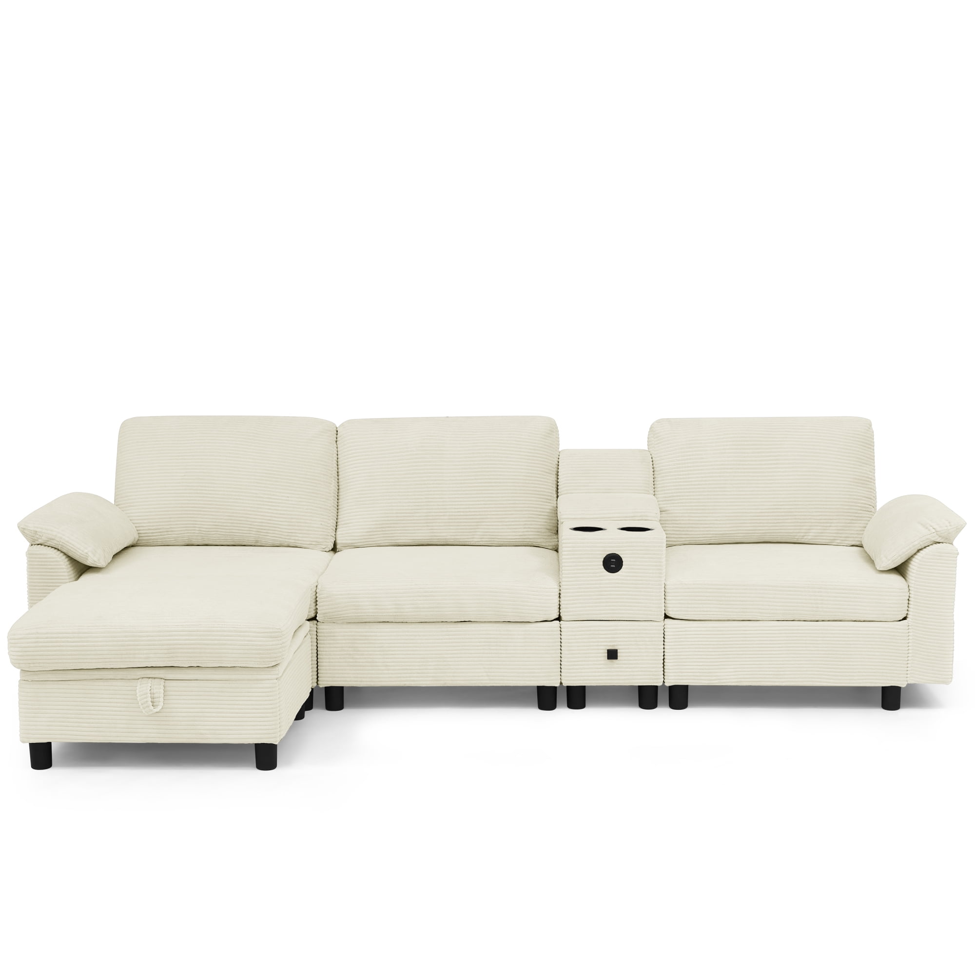L-Shaped Sectional Sofa with Storage Ottoman and Side Storage Armrest Pockets, 3-Seater Sofa Couch with Beverage Cup Holder Central Console for Living Room Apartment