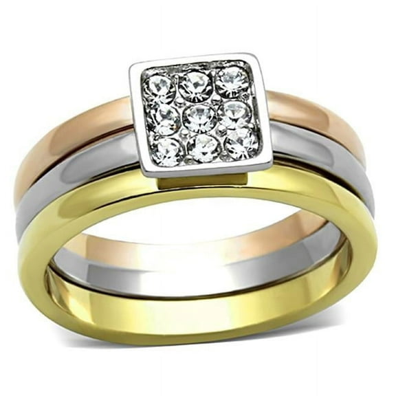 Alamode TK1277-9 Women Three Tone IP Stainless Steel Ring with Top Grade Crystal in Clear - Size 9