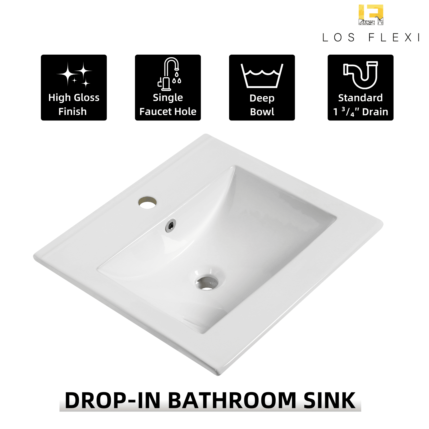 Los Flexi Drop-In Bathroom Sink 20” × 18” Durable Glossy White Ceramic Rectangular Classic Style with Single Faucet Hole & Overflow