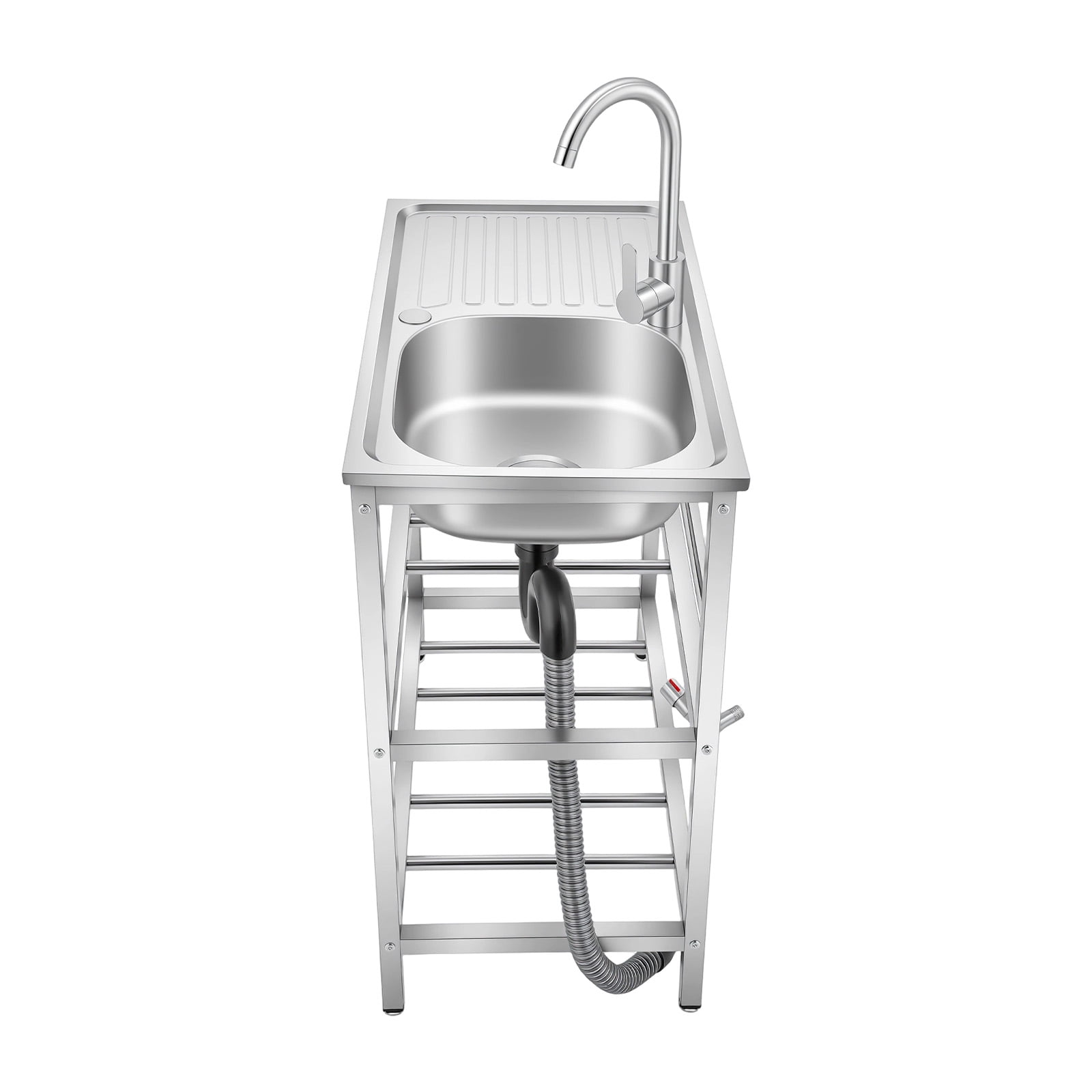 ChicHomey Freestanding Outdoor Kitchen Utility Sink, Stainless Steel Sink with Faucet,with Cleaning Table&Storage Shelves, for Backyard Garden Kitchen