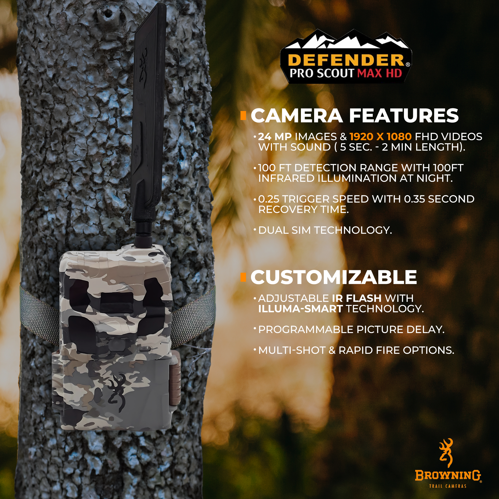 Browning Trail Camera Defender Pro Scout Max HD Cellular Trail Camera with Smart IR Video, Ultra High Gain Cellular Antenna and Invisible IR Night Illumination, OVIX Camo
