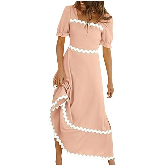 Lmnyox Summer Short Sleeve Maxi Dress for Women Flowy Square Neck Long Dress Casual A Line Dress