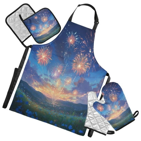 

5-Piece Kitchen Apron Set with Heat-Resistant Gloves & Insulation Mats for Cooking Baking BBQ Colorful Fireworks